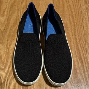 Rothy's Black and brown cheetah Slip-On Sneakers with Blue Interior NWOT